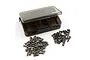A set of metallic RC screws arranged in two piles next to a small, translucent grey plastic storage box with the Yeah Racing logo.