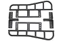A pair of black RPM RC rock sliders with integrated kick-outs for an SCX10 chassis, shown from a top-down studio perspective.