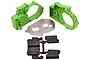RPM green gearbox housing, silver motor plate, and black rear suspension mounts for RC cars.