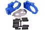 RPM blue gearbox housing, silver metal motor plate, and black plastic rear mount components for RC vehicles.