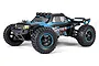 BlackZon Smyter Turbo DT RC desert truck in blue and black, featuring off-road tires, a roof-mounted light bar, and a rear spoiler.