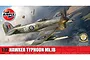 Box art for Airfix 1/72 Hawker Typhoon Mk.IB model kit showing a painted illustration of the fighter plane in flight firing rockets.