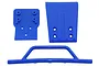 RPM blue front bumper and skid plate set for Traxxas Slash 4WD RC cars, featuring three molded blue plastic components on a white background.