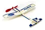 A Guillow's Sky Streak balsa wood glider with a red plastic propeller, featuring blue printed branding and text on a white background.
