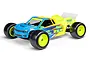 A studio shot of a TLR 22X-T 1/10 scale RC stadium truck with a custom blue and yellow painted body, neon yellow wheels, and slick racing tires.