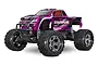 Traxxas Stampede BL-2S RC monster truck in purple and black livery with chrome wheels on a white background.