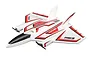 E-Flite UMX Ultrix RC plane in white, red, and black, featuring a delta wing design with dual propellers and vertical stabilizers.