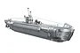 A studio shot of a grey brick-built model of the U-96 U-Boat submarine on a white background.
