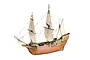 A finished 1/64 scale wooden model of the Mayflower ship with sails and rigging, displayed against a plain white background.