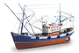 A detailed 1/40 scale wooden model of the Carmen II tuna boat, featuring a blue and orange hull, white cabin, and intricate rigging against a white background.