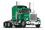 A studio shot of a green Kenworth W900 model truck with chrome exhaust stacks and grille, shown against a white background.