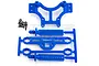 RPM blue plastic shock tower and body mount components for Traxxas E-Maxx, including mounting hardware.