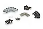 A collection of various metal screws, pins, and washers from a Tamiya RC parts bag, arranged on a white background.