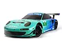 HPI Racing Porsche 911 GT3 RSR RC touring car in Falken Tire livery, featuring a teal and blue paint scheme with racing decals on a white background.