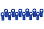 A set of twelve blue plastic short rod ends for RC vehicles arranged in a row against a white background.