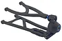RPM black rear suspension arm and hub assembly for an RC vehicle, featuring a Y-shaped upper arm and a reinforced lower arm connected to a wheel hub.