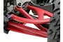 Close-up of red RPM suspension arms installed on a 1/16 scale RC vehicle, showing the upper and lower arms with the RPM logo embossed.