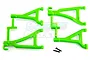 RPM green suspension arms for 1/16 E-Revo RC car, including two sets of arms on sprues and two small black screws on a white background.