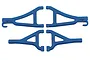 A set of four blue RPM RC suspension arms for a 1/16 scale E-Revo, including two upper and two lower arms arranged on a white background.