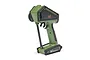 Spektrum DX Rugged DSMR+ 12-channel RC transmitter in olive green with black protective bumpers, shown from the side.