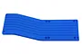 A blue RPM centre skid plate for an RC vehicle, featuring a ribbed design and countersunk screw holes, isolated on a white background.