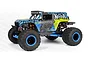 HPI Mini-King Flux Big Kahuna 4400 RC monster truck with blue and green floral livery, large black off-road tires, and blue beadlock wheels.