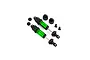 Two green anodized aluminium Traxxas GT-Maxx RC shock absorbers shown with included black plastic mounting hardware and shock pistons on a white background.