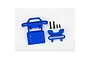 A blue Traxxas front bumper and mount set including two blue plastic parts and four black metal screws on a white background.