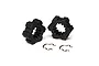 Two black Traxxas 24mm wheel hex adapters with internal splines and two small metal retaining clips on a white background.