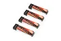 Four BetaFPV LAVA 1S 450mAh LiPo batteries arranged in a diagonal row on a white background.
