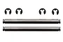 A set of two silver metal hinge pins and four black E-clips for RC vehicle suspension.