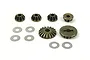 A set of metal differential gears and washers for an RC car, arranged on a white background.