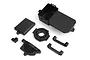 A set of black plastic RC spare parts including a receiver box, motor mount, and various chassis brackets on a white background.