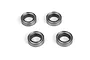 Four metal shielded ball bearings arranged in a square pattern against a white background.