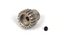 A silver-coloured metal pinion gear with a small black grub screw positioned next to it on a white background.