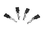 Four RC car body clips with black plastic pull tabs arranged on a white background.