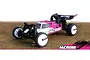 Maverick MiCROBE 1/24 scale RC buggy in pink and white, featuring black wheels and off-road tires, positioned on a dirt-textured surface.