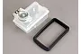 Traxxas 75cc fuel tank with a spring-loaded cap and a separate rectangular black rubber dampener on a grey background.