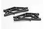 A pair of black Traxxas rear lower suspension arms for RC vehicles, shown from an angled top-down perspective on a white background.