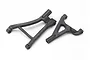 Two black plastic Traxxas RC front suspension arms on a white background.