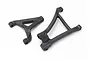 A pair of black Traxxas RC front suspension arms, one upper and one lower, isolated on a white background.