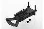 Traxxas front bulkhead set for RC vehicles, featuring a black molded plastic chassis component and two small bushings on a white background.