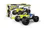 Maverick QBit Pro 1/16 scale RC monster truck in fluoro green and blue, shown in front of its product packaging box.