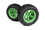 Two Maverick Linebacker RC monster truck tires mounted on bright green multi-spoke plastic rims against a white background.