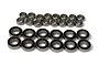 A set of 28 metal ball bearings of two different sizes arranged in two rows against a white background.