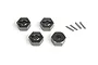 Four grey aluminium wheel hex adapters and four small metal drive pins arranged on a white background.