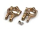 A pair of gold-anodized aluminium C-hub carriers for an RC car, shown with two small metal ball studs on a white background.