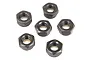 A top-down view of six black metal nyloc nuts arranged on a plain white background.