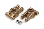 Two gold-anodized aluminium rear hubs for an RC car, shown with two small metal ball studs on a white background.