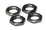 Four black aluminium serrated wheel nuts for RC cars arranged on a white background.